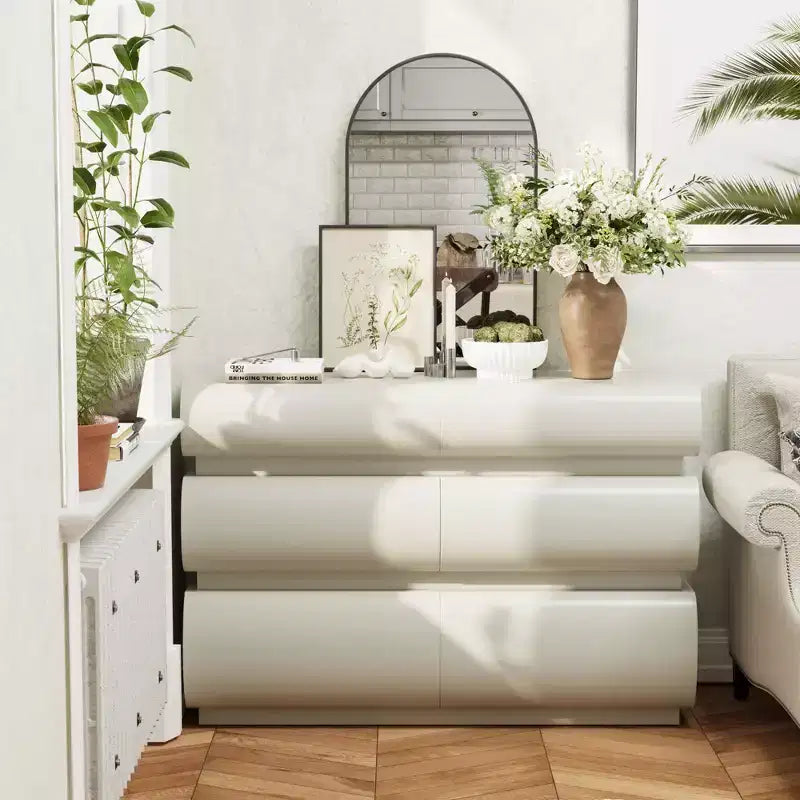 Commode 6 tiroirs de 43 pouces, style moderne sans poignée avec grand espace de rangement pour chambres et salons, blanc