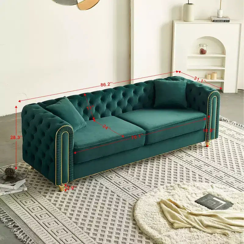 Canapé Chesterfield capitonné de luxe moderne de 86 pouces, canapé 3 places avec accoudoirs roulés et garniture dorée pour salon, chambre ou appartement