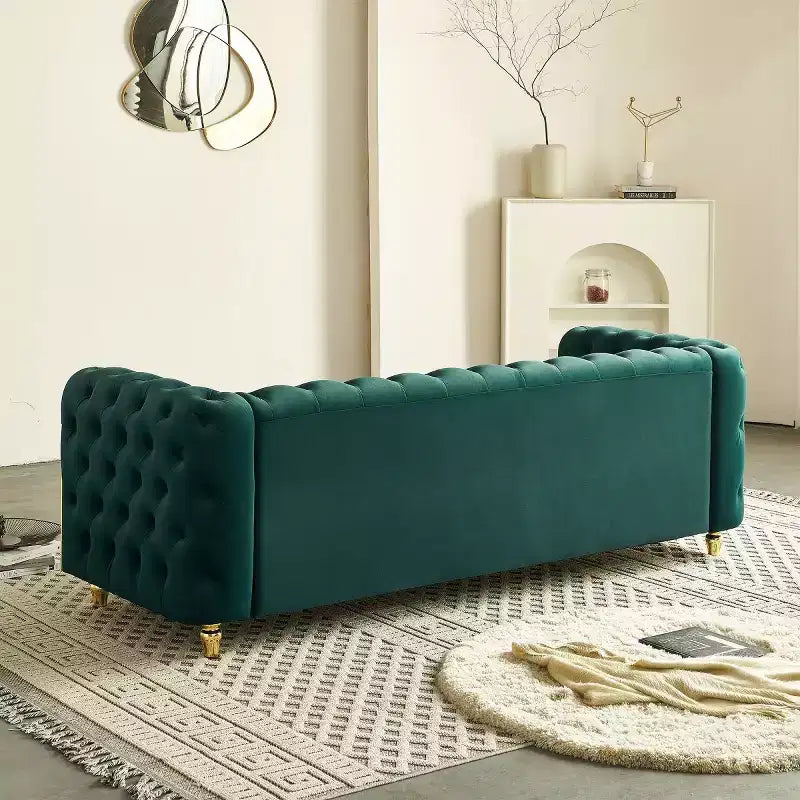 Canapé Chesterfield capitonné de luxe moderne de 86 pouces, canapé 3 places avec accoudoirs roulés et garniture dorée pour salon, chambre ou appartement