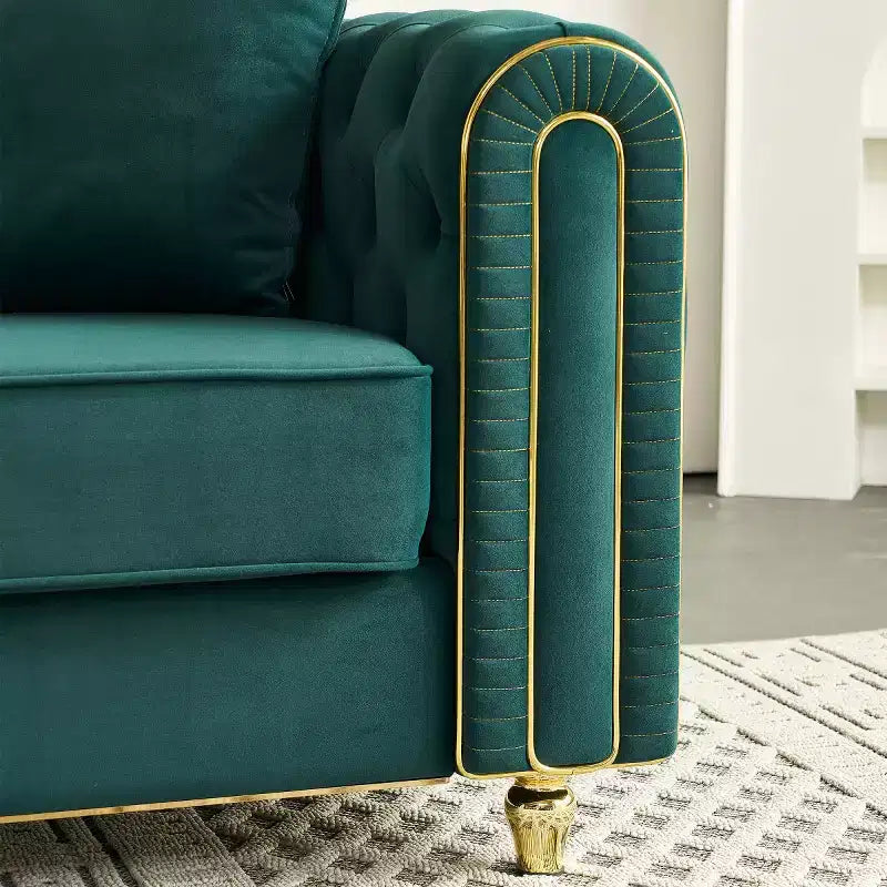 Canapé Chesterfield capitonné de luxe moderne de 86 pouces, canapé 3 places avec accoudoirs roulés et garniture dorée pour salon, chambre ou appartement