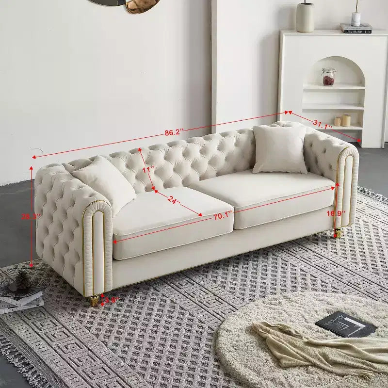 Canapé Chesterfield capitonné de luxe moderne de 86 pouces, canapé 3 places avec accoudoirs roulés et garniture dorée pour salon, chambre ou appartement