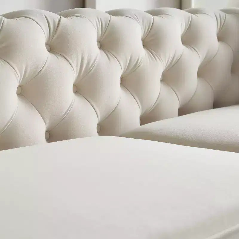 Canapé Chesterfield capitonné de luxe moderne de 86 pouces, canapé 3 places avec accoudoirs roulés et garniture dorée pour salon, chambre ou appartement