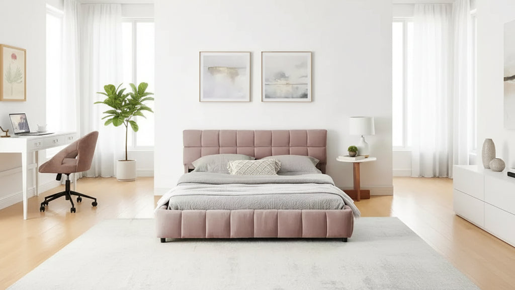 MAYEERTY Queen Size Upholstered Bed with Headboard Chenille Fabric Solid Bed Frame Drawer for Bedroom Pink