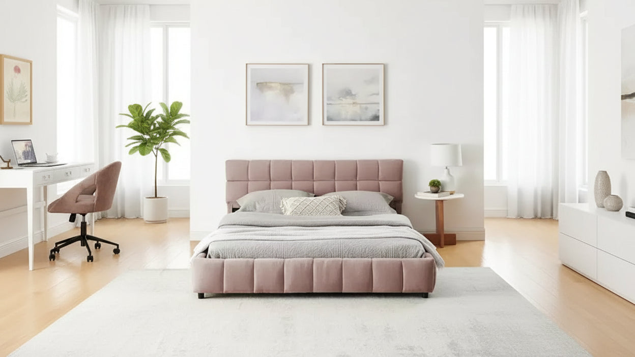 MAYEERTY Queen Size Upholstered Bed with Headboard Chenille Fabric Solid Bed Frame Drawer for Bedroom Pink