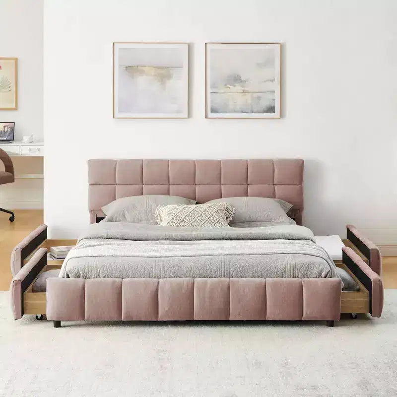 Lit rembourré Queen Size avec tête de lit, Cadre de lit solide en tissu chenille avec tiroir pour chambre à coucher, Rose
