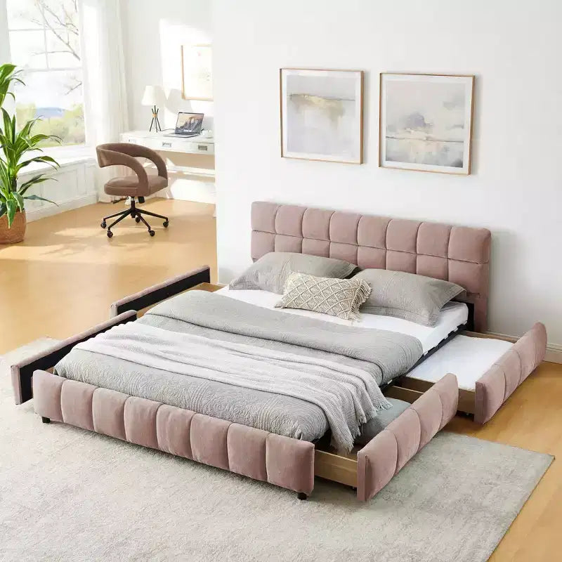 Lit rembourré Queen Size avec tête de lit, Cadre de lit solide en tissu chenille avec tiroir pour chambre à coucher, Rose