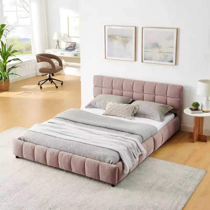 Lit rembourré Queen Size avec tête de lit, Cadre de lit solide en tissu chenille avec tiroir pour chambre à coucher, Rose