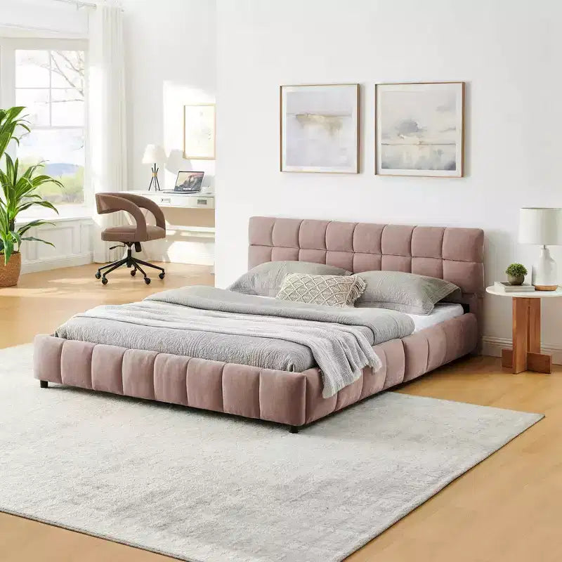 Lit rembourré Queen Size avec tête de lit, Cadre de lit solide en tissu chenille avec tiroir pour chambre à coucher, Rose