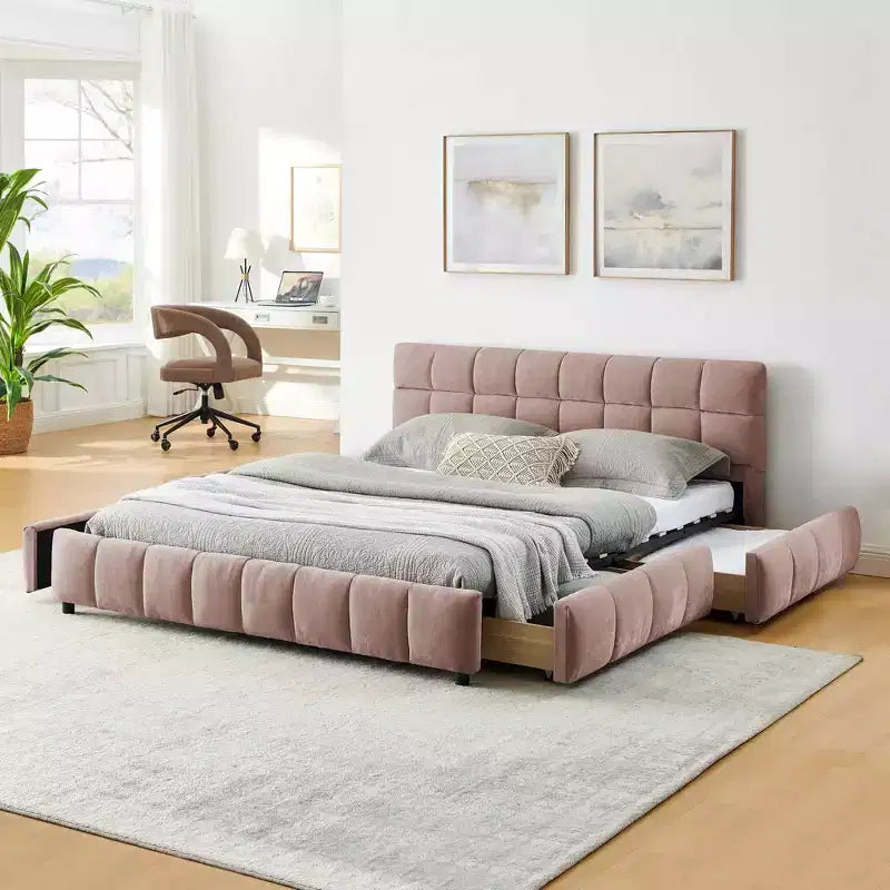 Lit rembourré Queen Size avec tête de lit, Cadre de lit solide en tissu chenille avec tiroir pour chambre à coucher, Rose