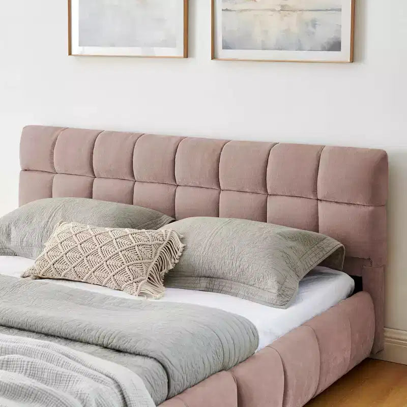 Lit rembourré Queen Size avec tête de lit, Cadre de lit solide en tissu chenille avec tiroir pour chambre à coucher, Rose