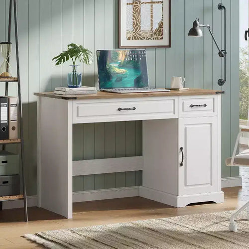 47in Farmhouse Executive Desk for Bedroom, Living Room, Rustic Workstation Computer Desk with Drawers and Storage Cabinet for Work and Study, White
