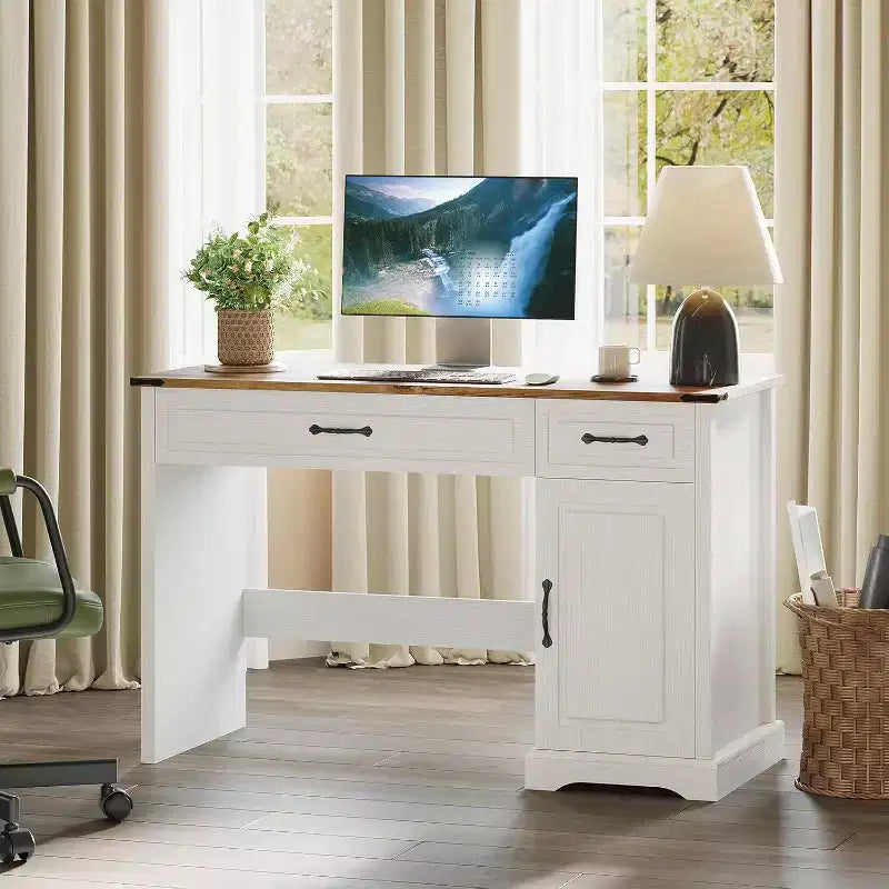 Bureau de direction rustique 47 po pour chambre et salon, avec tiroirs et meuble de rangement, pour le travail et les études, blanc