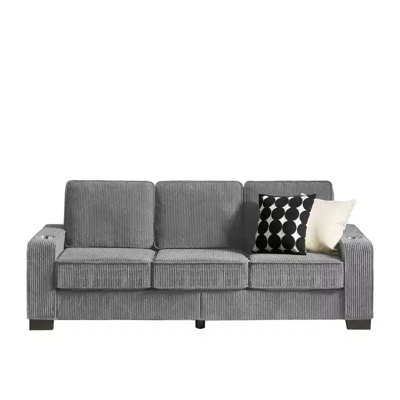Canapé moderne en velours côtelé de 83,86 pouces, canapé 3 places avec 2 porte-gobelets pour salon, chambre, bureau et appartement, gris