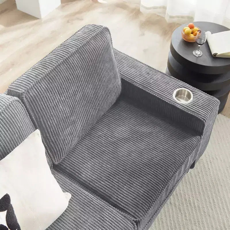 Canapé moderne en velours côtelé de 83,86 pouces, canapé 3 places avec 2 porte-gobelets pour salon, chambre, bureau et appartement, gris