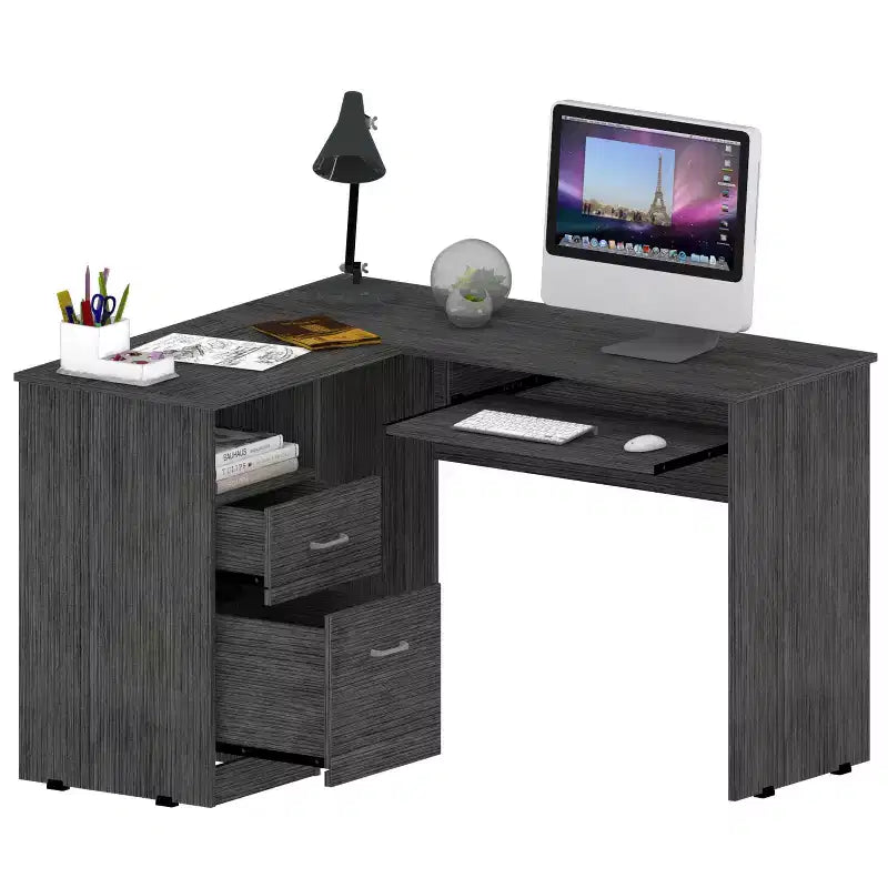 Bureau d'angle en L avec deux tiroirs et rangement pour UC, tablette pour clavier et étagère de rangement ouverte, bureau d'écriture pour le bureau et la chambre à coucher