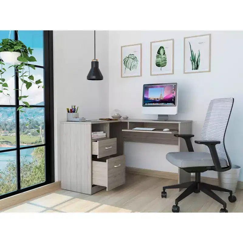 Bureau d'angle en L avec deux tiroirs et rangement pour UC, tablette pour clavier et étagère de rangement ouverte, bureau d'écriture pour le bureau et la chambre à coucher
