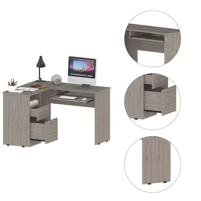 Bureau d'angle en L avec deux tiroirs et rangement pour UC, tablette pour clavier et étagère de rangement ouverte, bureau d'écriture pour le bureau et la chambre à coucher