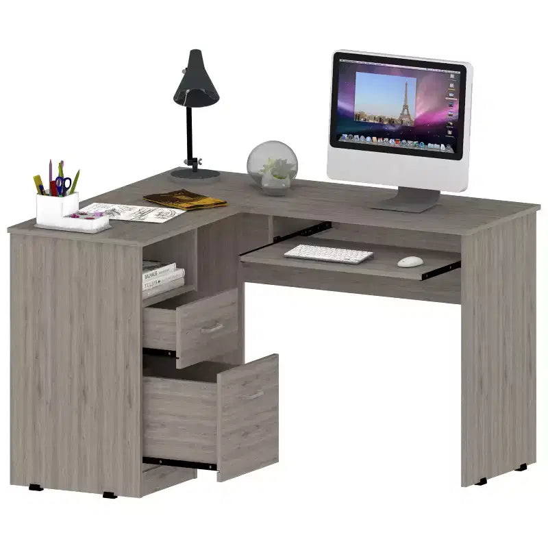 Bureau d'angle en L avec deux tiroirs et rangement pour UC, tablette pour clavier et étagère de rangement ouverte, bureau d'écriture pour le bureau et la chambre à coucher