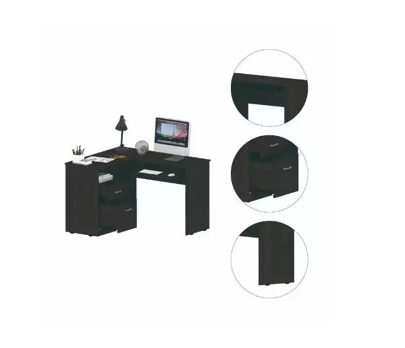 Bureau d'angle en L avec deux tiroirs et rangement pour UC, tablette pour clavier et étagère de rangement ouverte, bureau d'écriture pour le bureau et la chambre à coucher