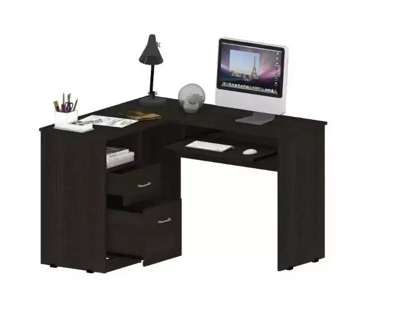 Bureau d'angle en L avec deux tiroirs et rangement pour UC, tablette pour clavier et étagère de rangement ouverte, bureau d'écriture pour le bureau et la chambre à coucher
