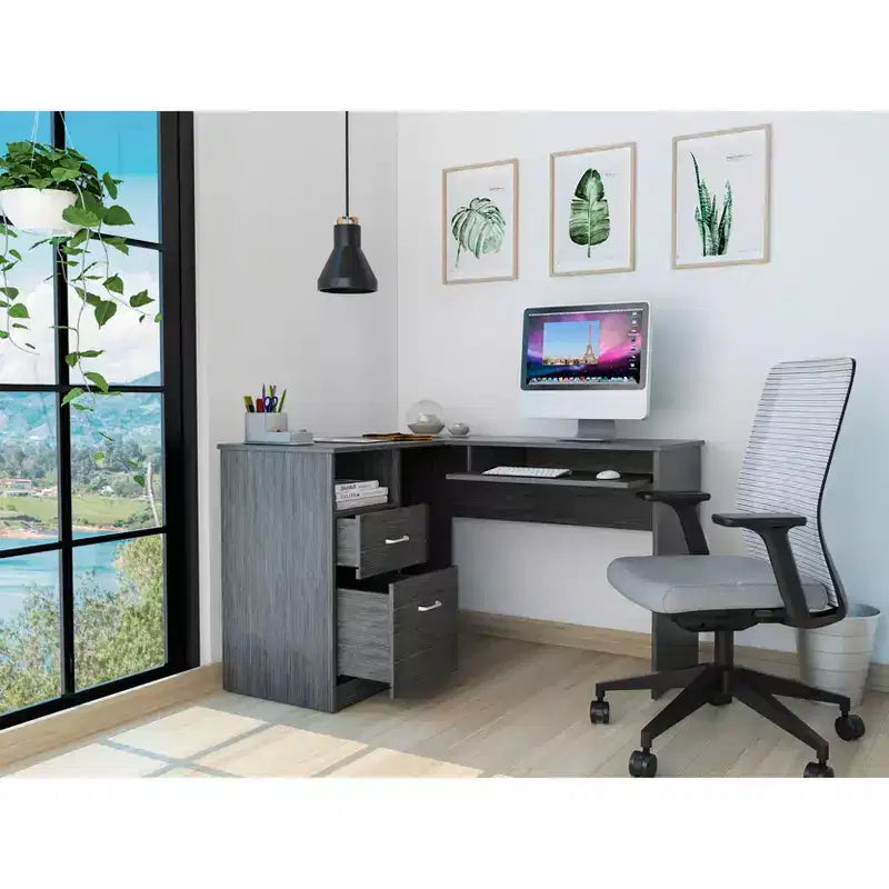Bureau d'angle en L avec deux tiroirs et rangement pour UC, tablette pour clavier et étagère de rangement ouverte, bureau d'écriture pour le bureau et la chambre à coucher