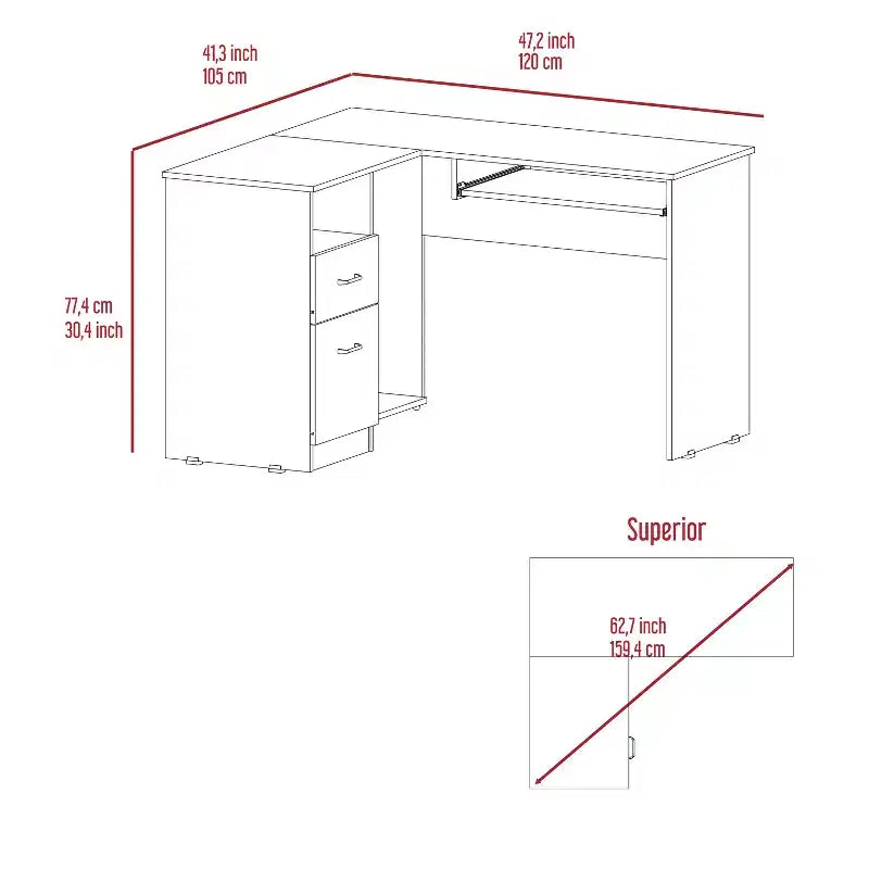 Bureau d'angle en L avec deux tiroirs et rangement pour UC, tablette pour clavier et étagère de rangement ouverte, bureau d'écriture pour le bureau et la chambre à coucher