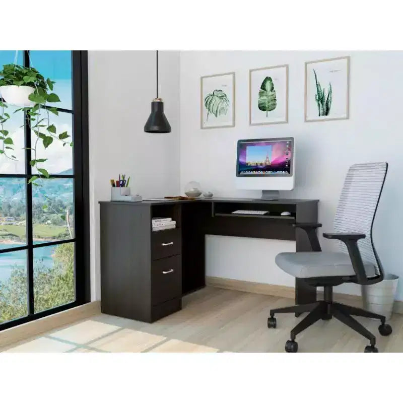 Bureau d'angle en L avec deux tiroirs et rangement pour UC, tablette pour clavier et étagère de rangement ouverte, bureau d'écriture pour le bureau et la chambre à coucher