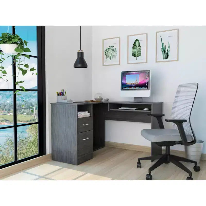 Bureau d'angle en L avec deux tiroirs et rangement pour UC, tablette pour clavier et étagère de rangement ouverte, bureau d'écriture pour le bureau et la chambre à coucher