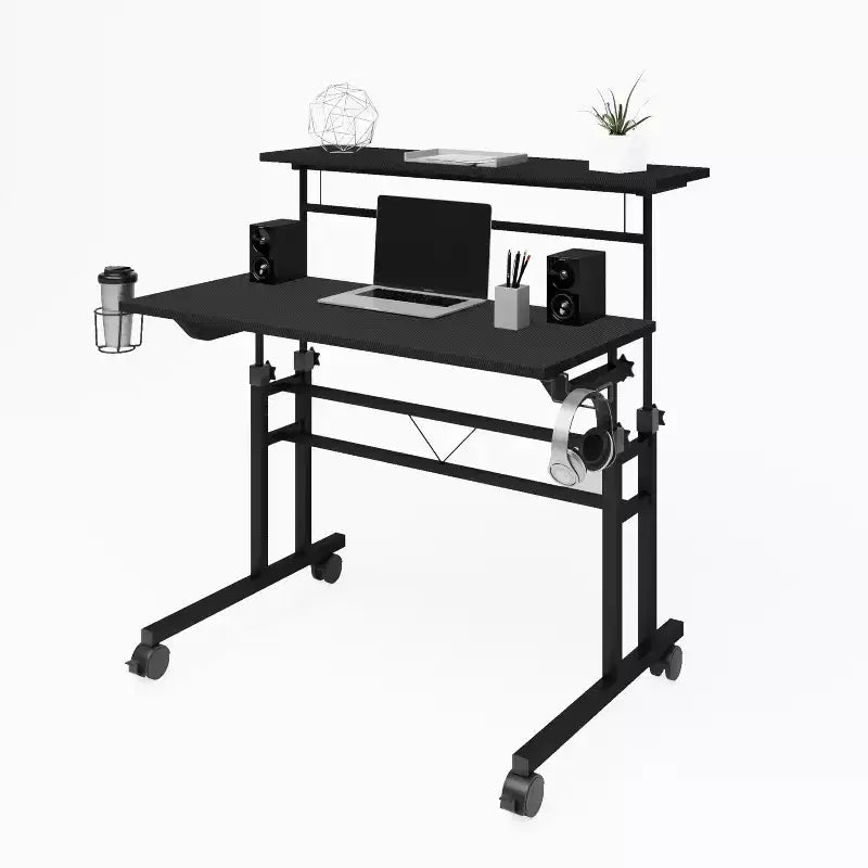 Bureau d'écriture roulant avec plateau réglable en hauteur, étagère mobile, roulettes verrouillables, porte-gobelet et support pour casque, idéal pour le bureau