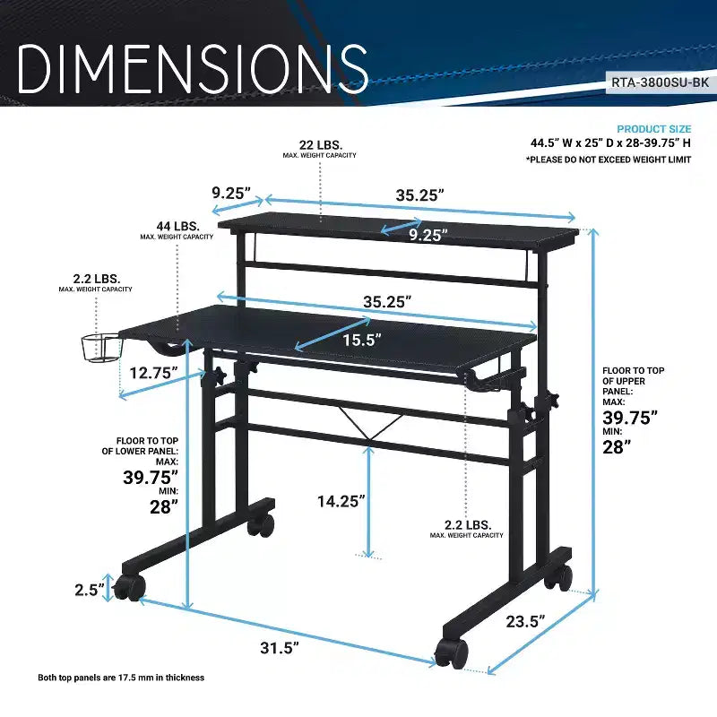 Bureau d'écriture roulant avec plateau réglable en hauteur, étagère mobile, roulettes verrouillables, porte-gobelet et support pour casque, idéal pour le bureau