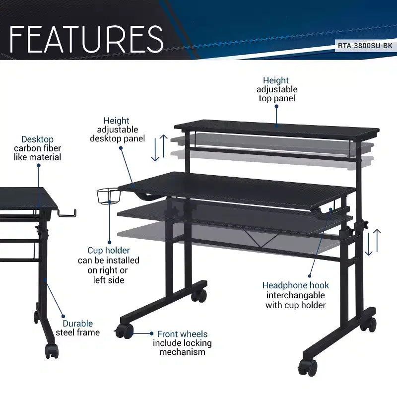 Bureau d'écriture roulant avec plateau réglable en hauteur, étagère mobile, roulettes verrouillables, porte-gobelet et support pour casque, idéal pour le bureau