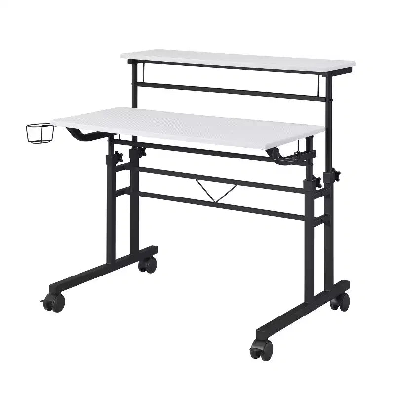 Bureau d'écriture roulant avec plateau réglable en hauteur, étagère mobile, roulettes verrouillables, porte-gobelet et support pour casque, idéal pour le bureau