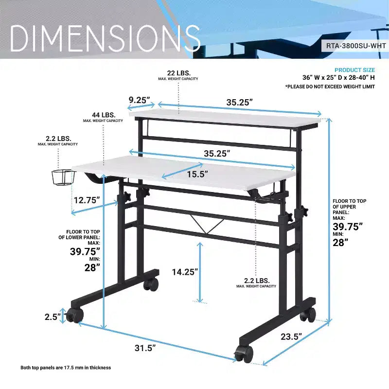 Bureau d'écriture roulant avec plateau réglable en hauteur, étagère mobile, roulettes verrouillables, porte-gobelet et support pour casque, idéal pour le bureau