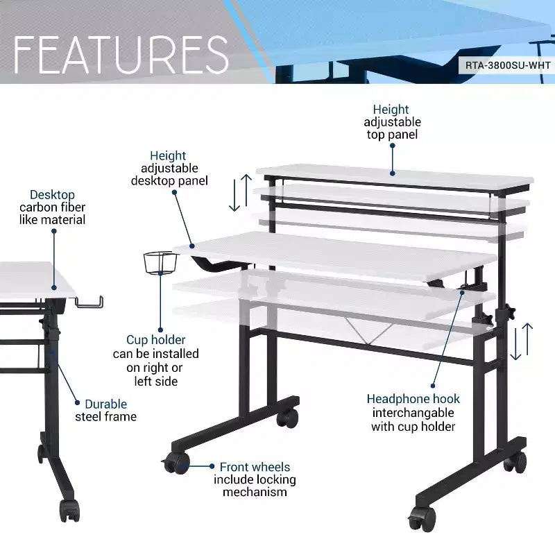 Bureau d'écriture roulant avec plateau réglable en hauteur, étagère mobile, roulettes verrouillables, porte-gobelet et support pour casque, idéal pour le bureau