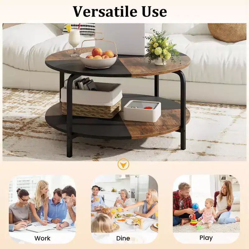 Table Basse Ronde à 2 Niveaux avec Étagère de Rangement, Cadre Métallique pour Salon, Marron Rustique