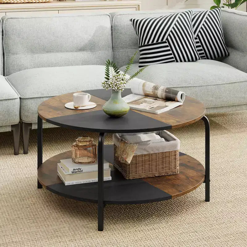 Table Basse Ronde à 2 Niveaux avec Étagère de Rangement, Cadre Métallique pour Salon, Marron Rustique