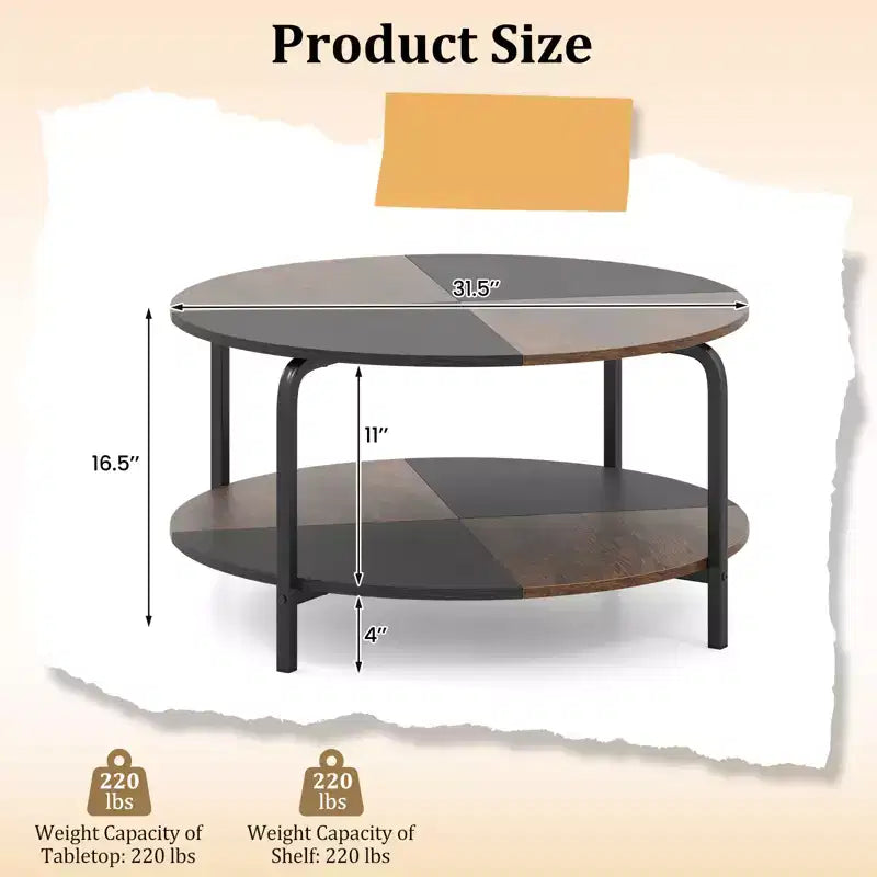 Table Basse Ronde à 2 Niveaux avec Étagère de Rangement, Cadre Métallique pour Salon, Marron Rustique