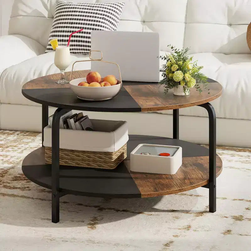 Table Basse Ronde à 2 Niveaux avec Étagère de Rangement, Cadre Métallique pour Salon, Marron Rustique