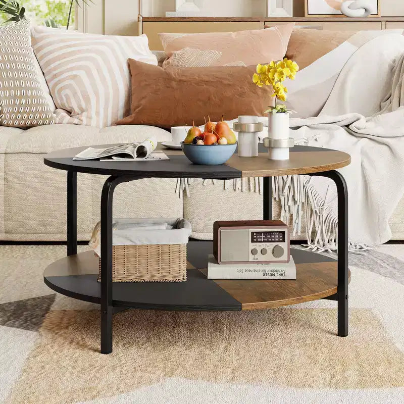 Table Basse Ronde à 2 Niveaux avec Étagère de Rangement, Cadre Métallique pour Salon, Marron Rustique