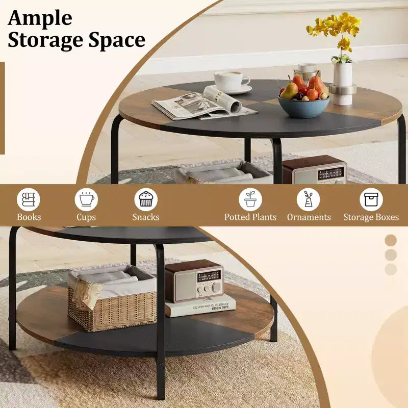 Table Basse Ronde à 2 Niveaux avec Étagère de Rangement, Cadre Métallique pour Salon, Marron Rustique