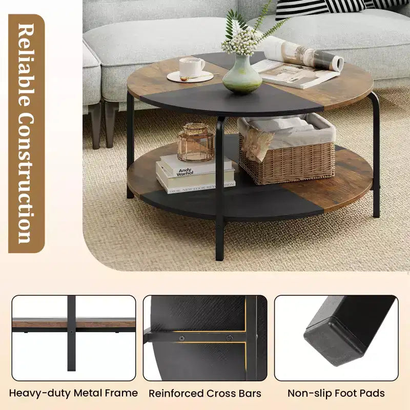 Table Basse Ronde à 2 Niveaux avec Étagère de Rangement, Cadre Métallique pour Salon, Marron Rustique