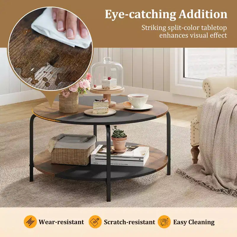 Table Basse Ronde à 2 Niveaux avec Étagère de Rangement, Cadre Métallique pour Salon, Marron Rustique
