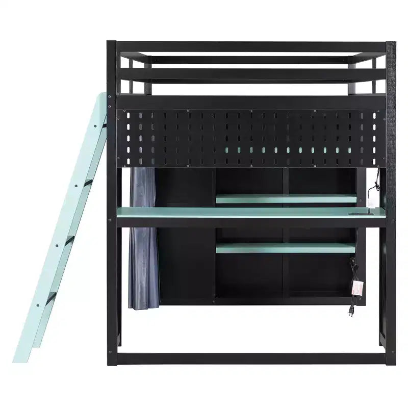 Lit mezzanine gaming pleine grandeur avec bureau et lumières RVB, cadre de lit mezzanine en bois avec armoire de rangement, étagères et rideaux occultants