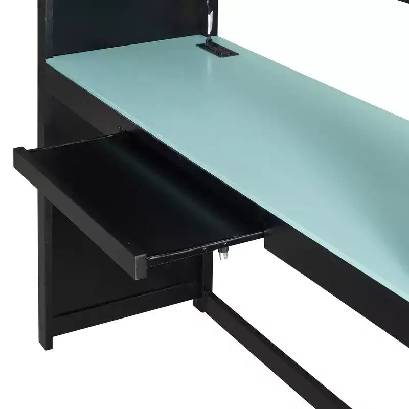 Lit mezzanine gaming pleine grandeur avec bureau et lumières RVB, cadre de lit mezzanine en bois avec armoire de rangement, étagères et rideaux occultants