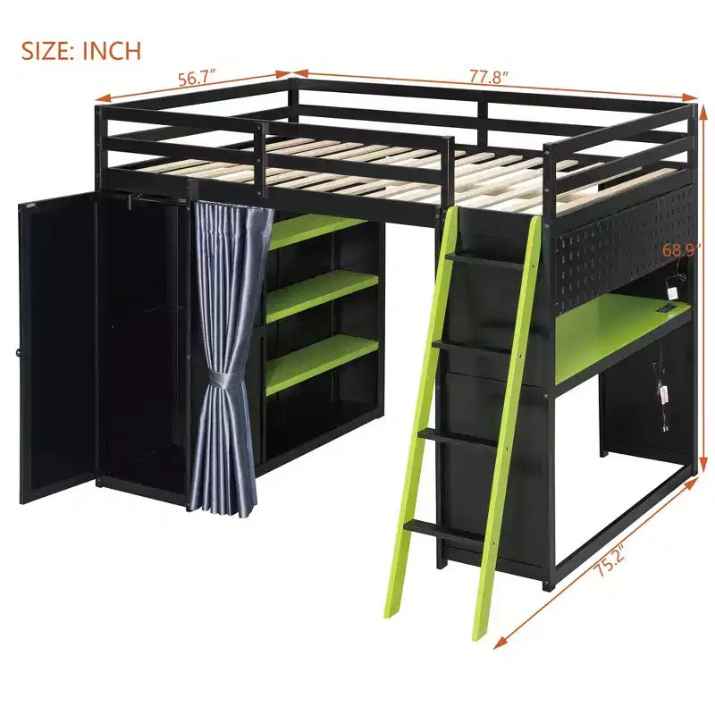 Lit mezzanine gaming pleine grandeur avec bureau et lumières RVB, cadre de lit mezzanine en bois avec armoire de rangement, étagères et rideaux occultants