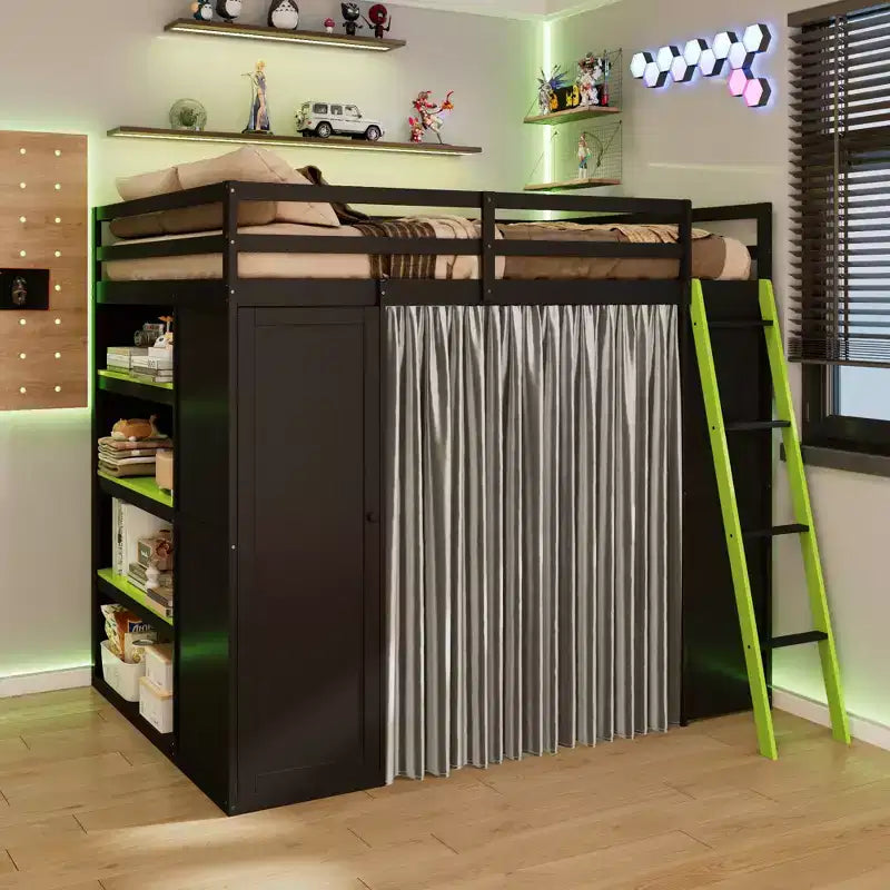Lit mezzanine gaming pleine grandeur avec bureau et lumières RVB, cadre de lit mezzanine en bois avec armoire de rangement, étagères et rideaux occultants