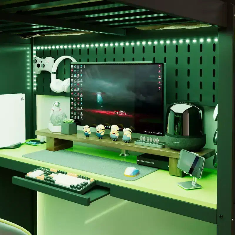 Lit mezzanine gaming pleine grandeur avec bureau et lumières RVB, cadre de lit mezzanine en bois avec armoire de rangement, étagères et rideaux occultants