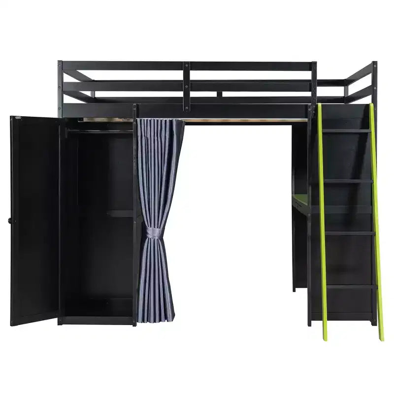 Lit mezzanine gaming pleine grandeur avec bureau et lumières RVB, cadre de lit mezzanine en bois avec armoire de rangement, étagères et rideaux occultants
