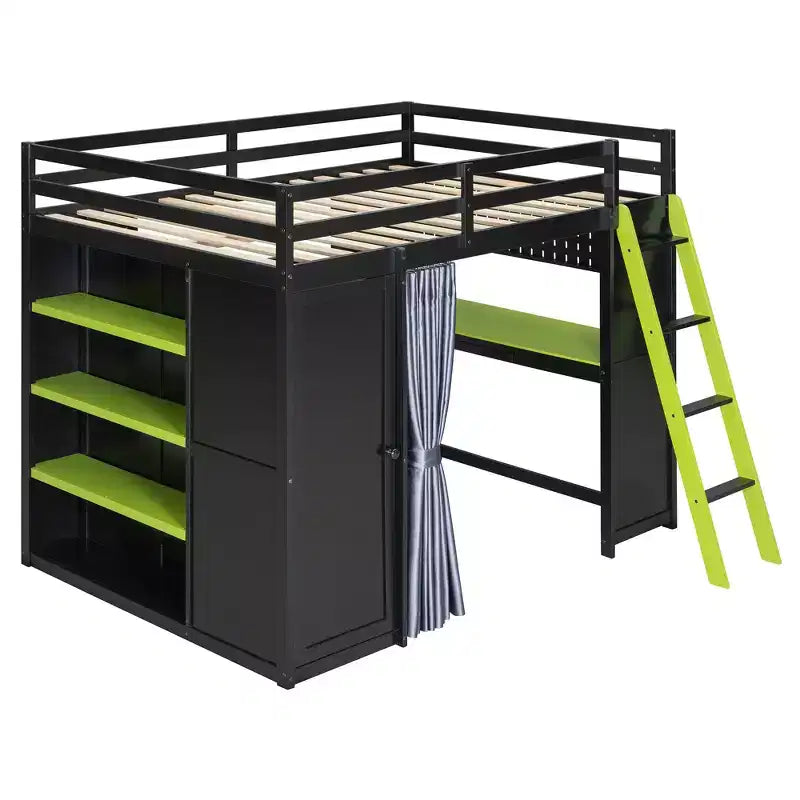 Lit mezzanine gaming pleine grandeur avec bureau et lumières RVB, cadre de lit mezzanine en bois avec armoire de rangement, étagères et rideaux occultants