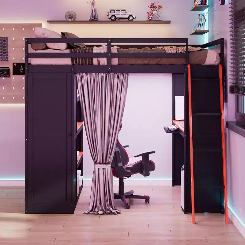 Lit mezzanine gaming pleine grandeur avec bureau et lumières RVB, cadre de lit mezzanine en bois avec armoire de rangement, étagères et rideaux occultants